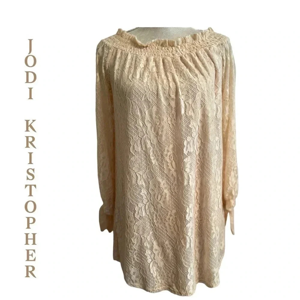 Jodi Kristopher Lace Peach Tunic Blouse Tie Sleeve Boat Neck Chic Relaxed Size S